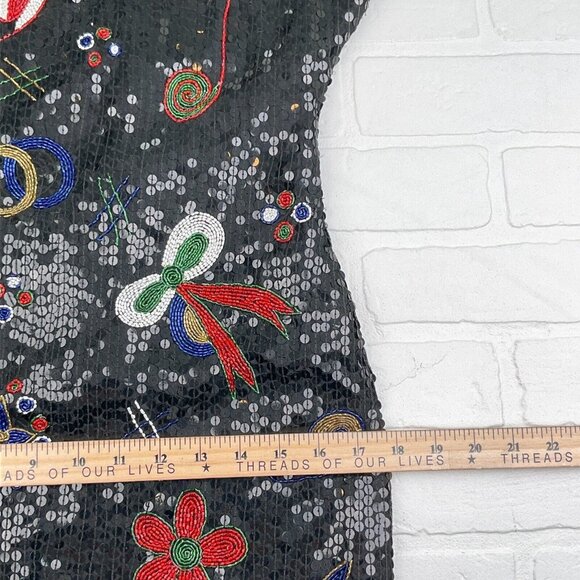 Unbranded Dress Women Medium Black Multi Floral Bow All Sequin Silk Christmas - Picture 9 of 10